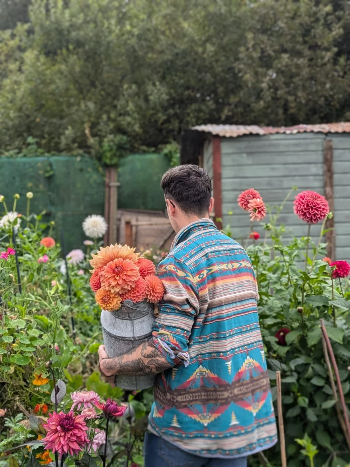A man with dark hair, wearing a colorful patterned shirt, is holding a bucket filled with orange and pink dahlias, standing in a garden with various flowering plants.