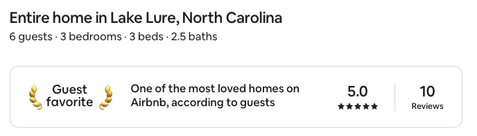 Text describing a vacation rental listing for a home in Lake Lure, North Carolina, with details on guest capacity, bedrooms, beds, and bathrooms, along with guest reviews and ratings.