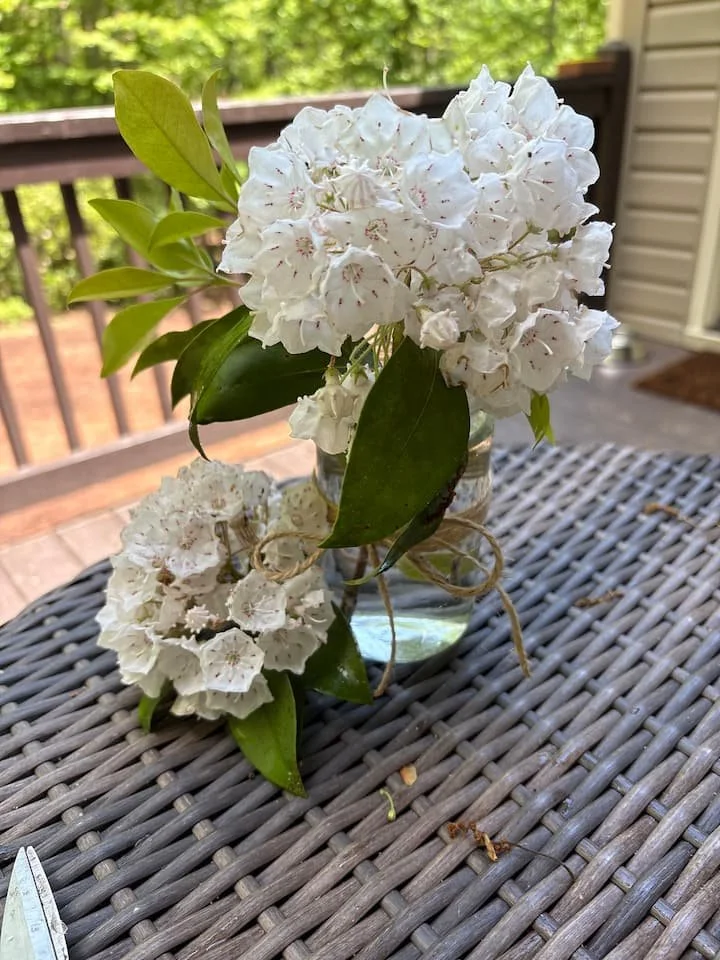 A small glass vase with white flowers and green leaves placed on an outdoor wicker table, sunlight filtering through trees in the background.
