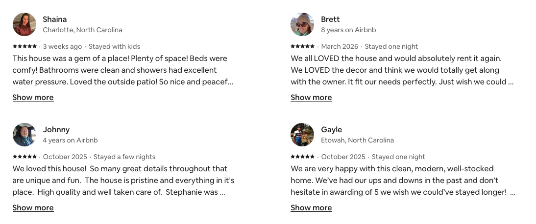 Screenshot of four Airbnb reviews from guests named Shaina, Brett, Johnny, and Gayle, detailing their positive experiences with a house rental.