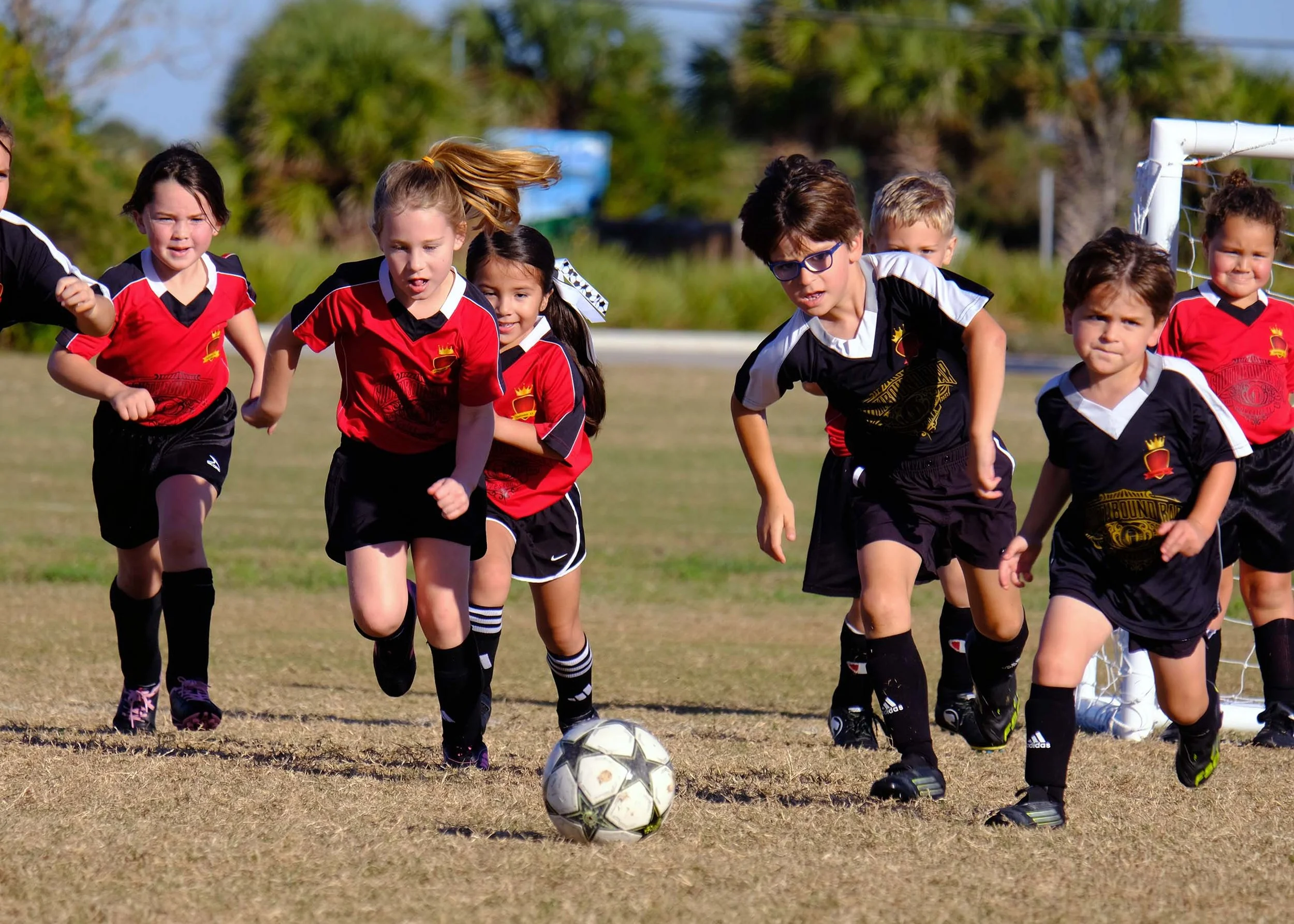 Children playing soccer on a field, running toward the soccer ball.