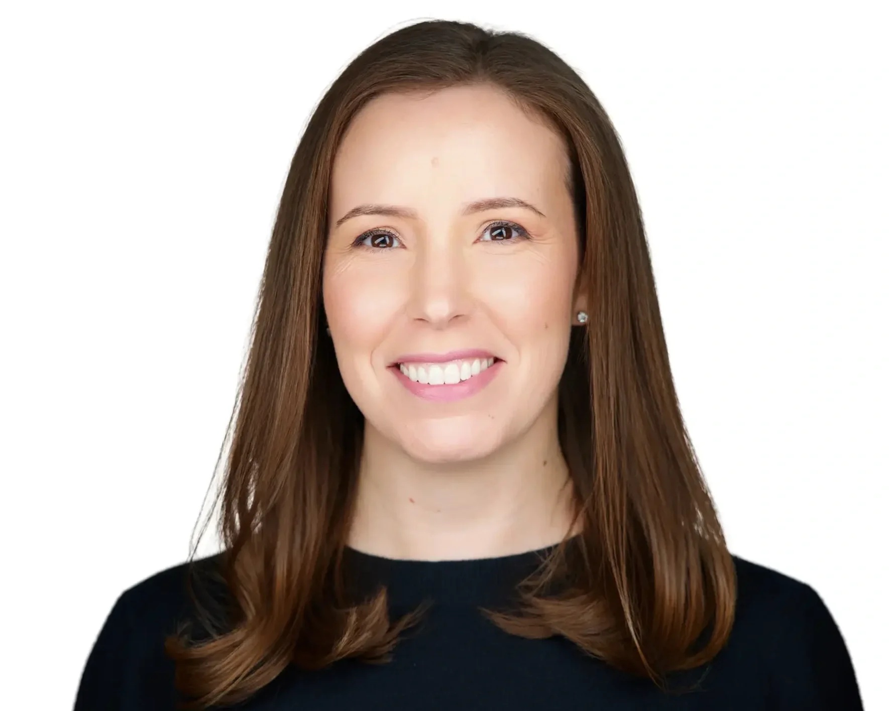 A woman with shoulder-length brown hair and fair skin, smiling, wearing a black top, against a white background.