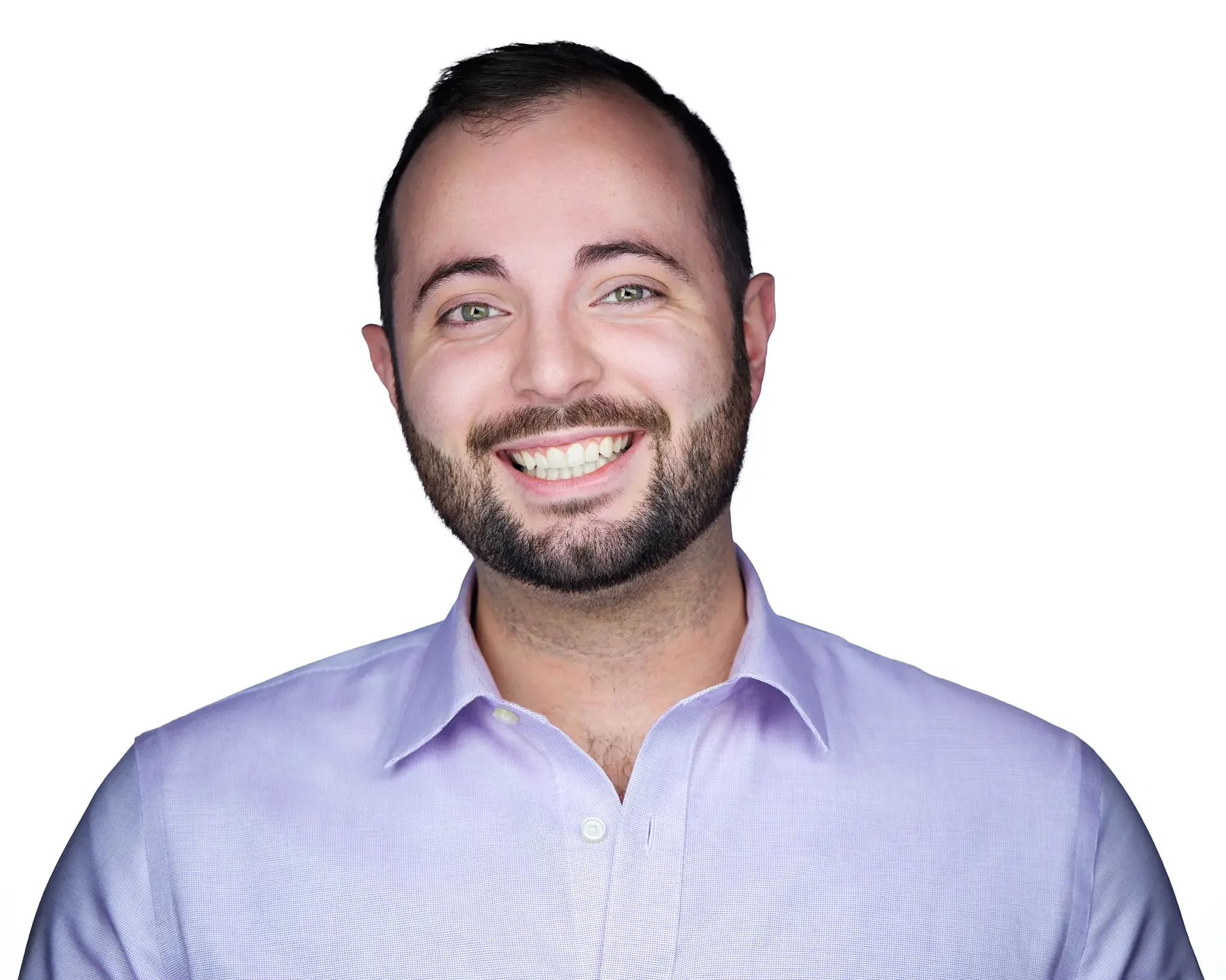 Headshot of a smiling man with dark hair, beard, dressed in a light purple collared shirt, against a white background.