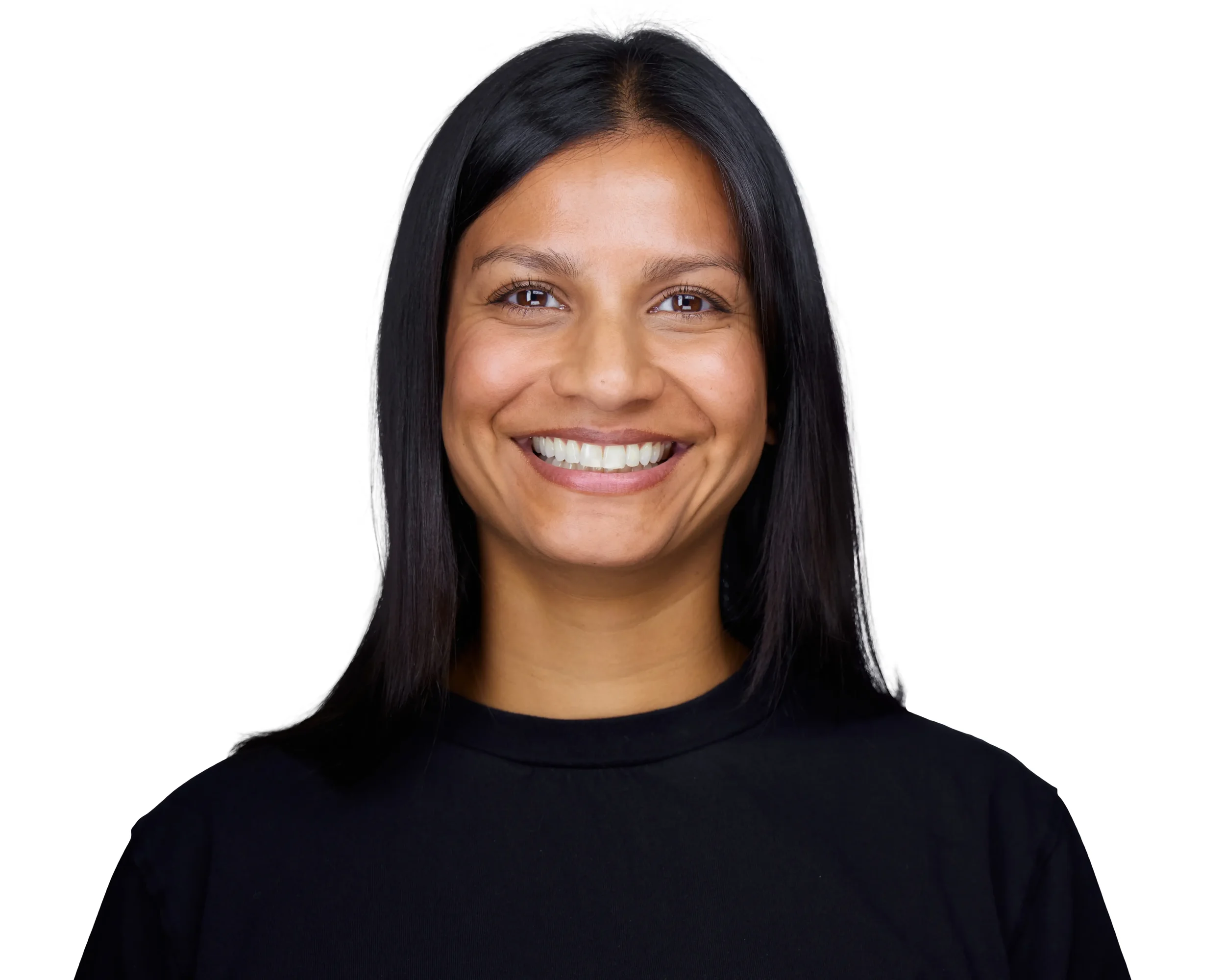 A smiling woman with long black hair, wearing a black shirt, against a white background.