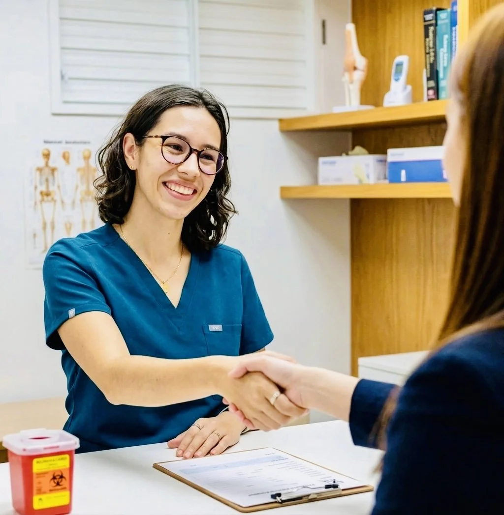 A healthcare professional in blue scrubs shaking hands with a patient across a table in a clinic or medical office.