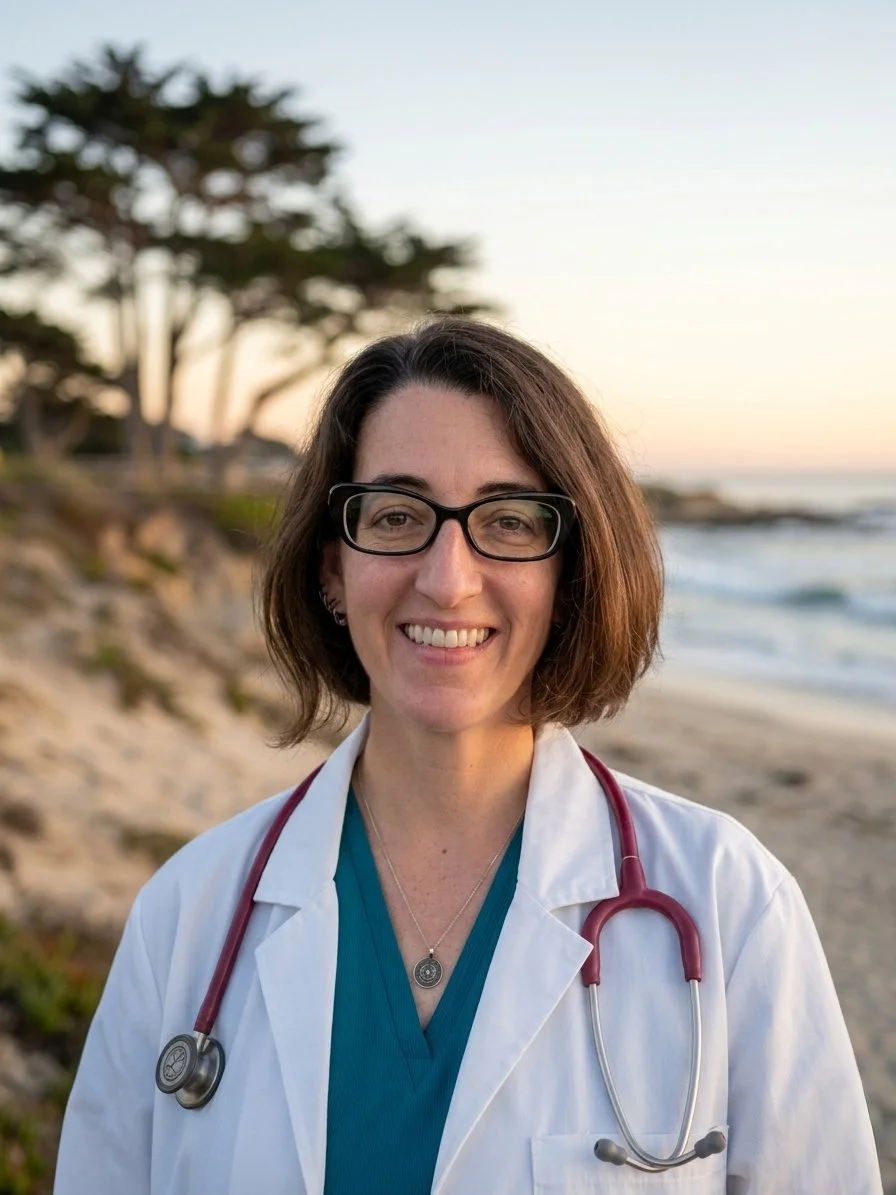 A female doctor with a stethoscope around her neck, smiling on a beach during sunset.