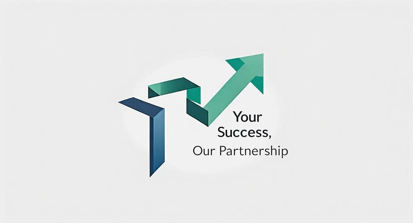 Graphic of two interconnected walking figures, with one pointing upwards and the other downwards, along with the text 'Your Success, Our Partnership'.