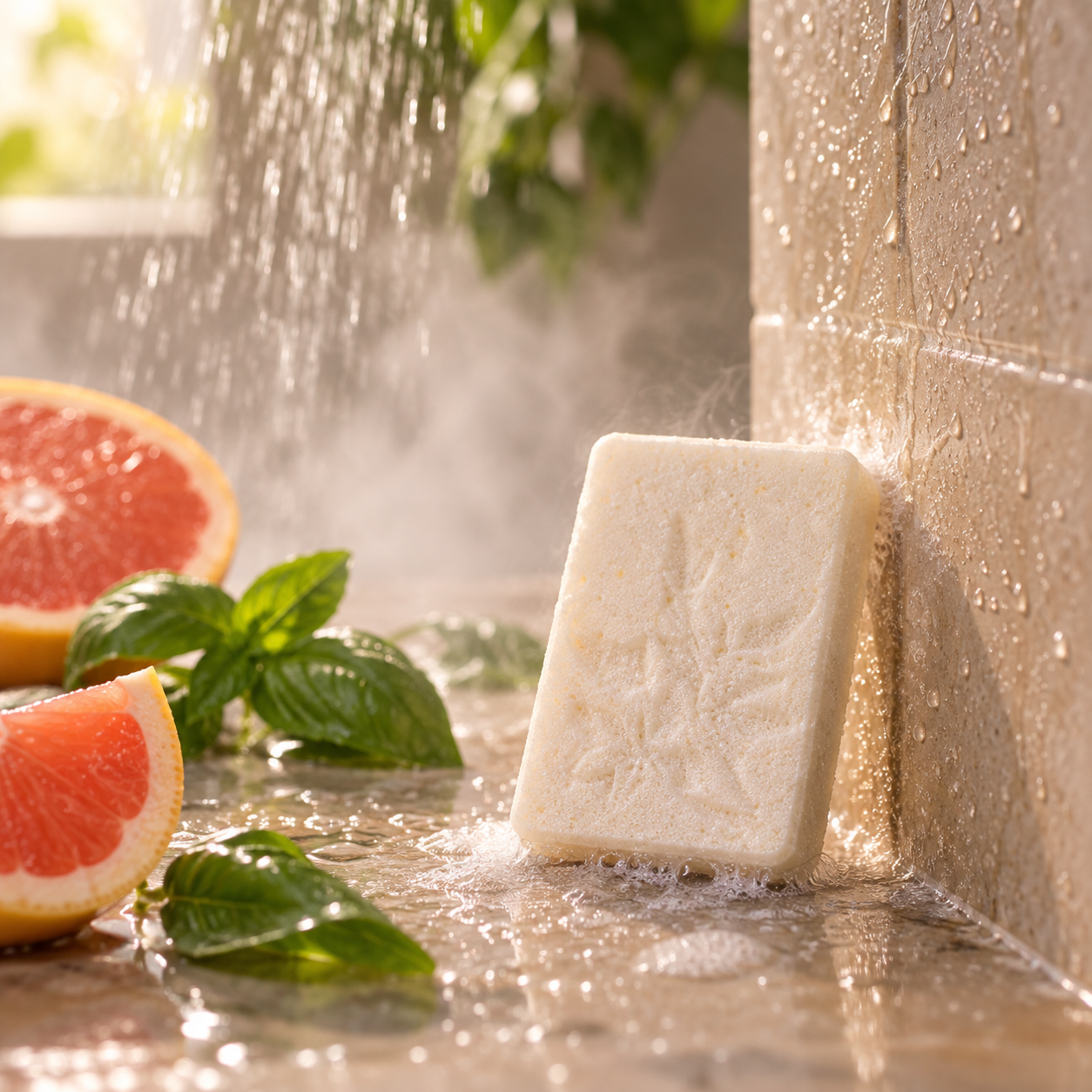 Grapefruit Basil Shower Steamer fizzing beside running shower water with grapefruit and fresh herbs.