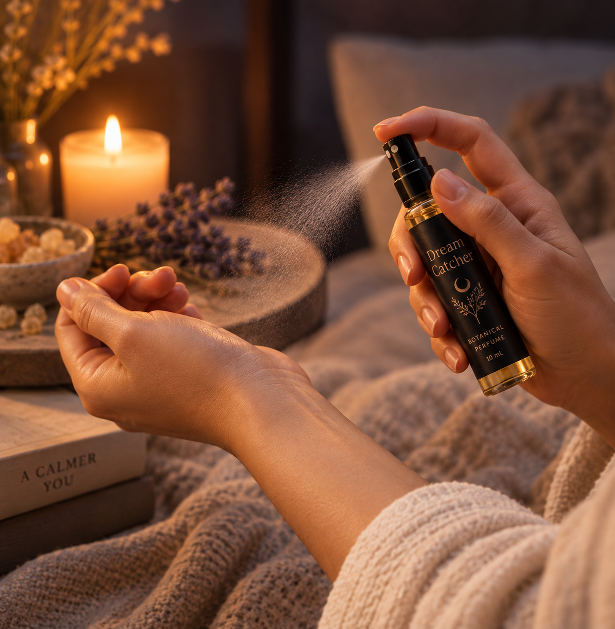 Dream Catcher Botanical Perfume Spray being misted onto the wrist in a warm candlelit setting
