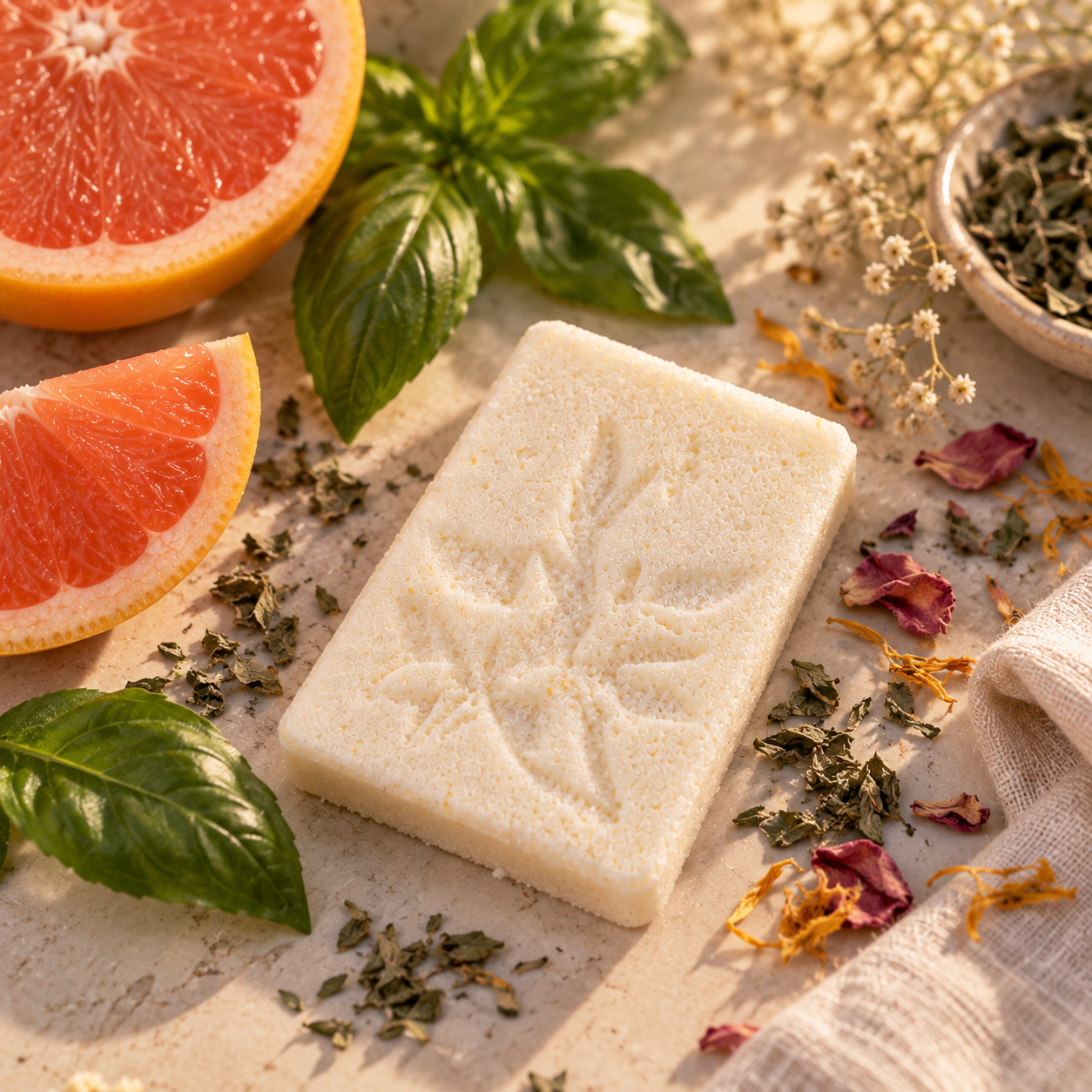 Grapefruit Basil Shower Steamer displayed with grapefruit, fresh basil, dried herbs, and flower petals.