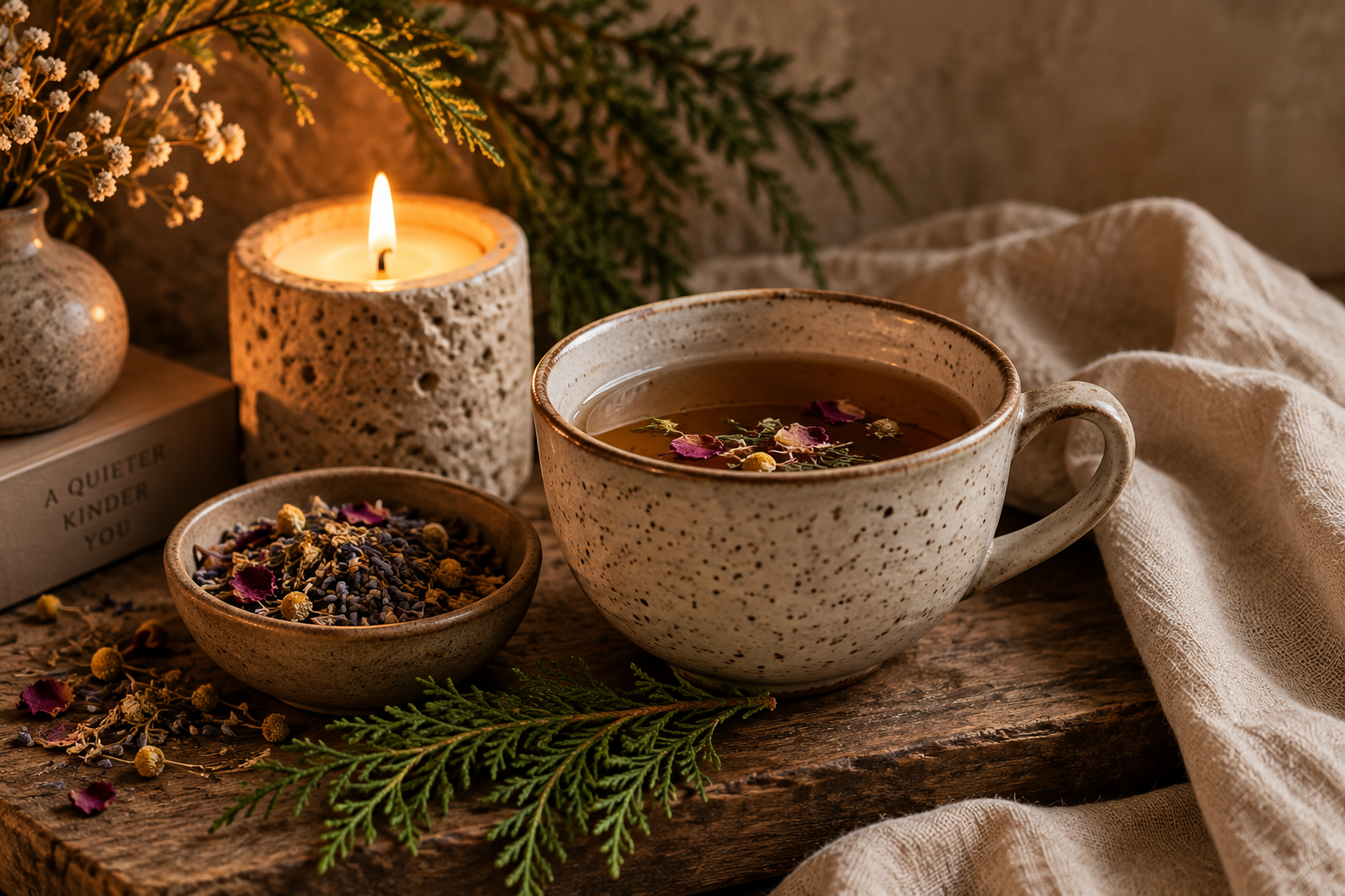 Herbal tea with dried botanicals, candlelight, and cedar greenery arranged for a quiet self-care ritual.