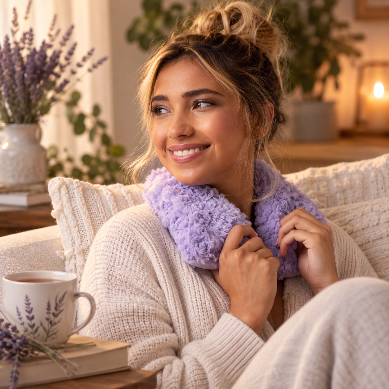 Woman wearing a soft purple French Lavender Neck Wrap while relaxing at home with tea and lavender nearby.