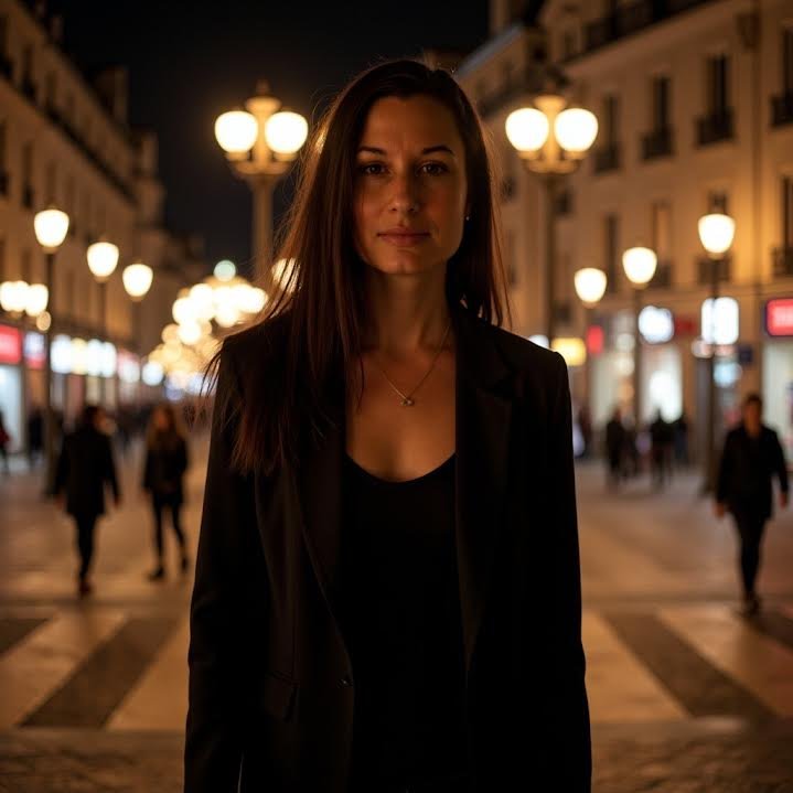 Cloud & Cedar founder Joanna standing on a softly lit city street at night.