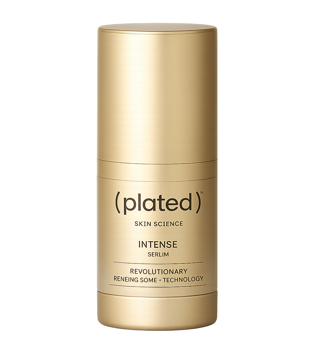 A gold-colored cylindrical bottle of Plated Skin Science Intense Serum