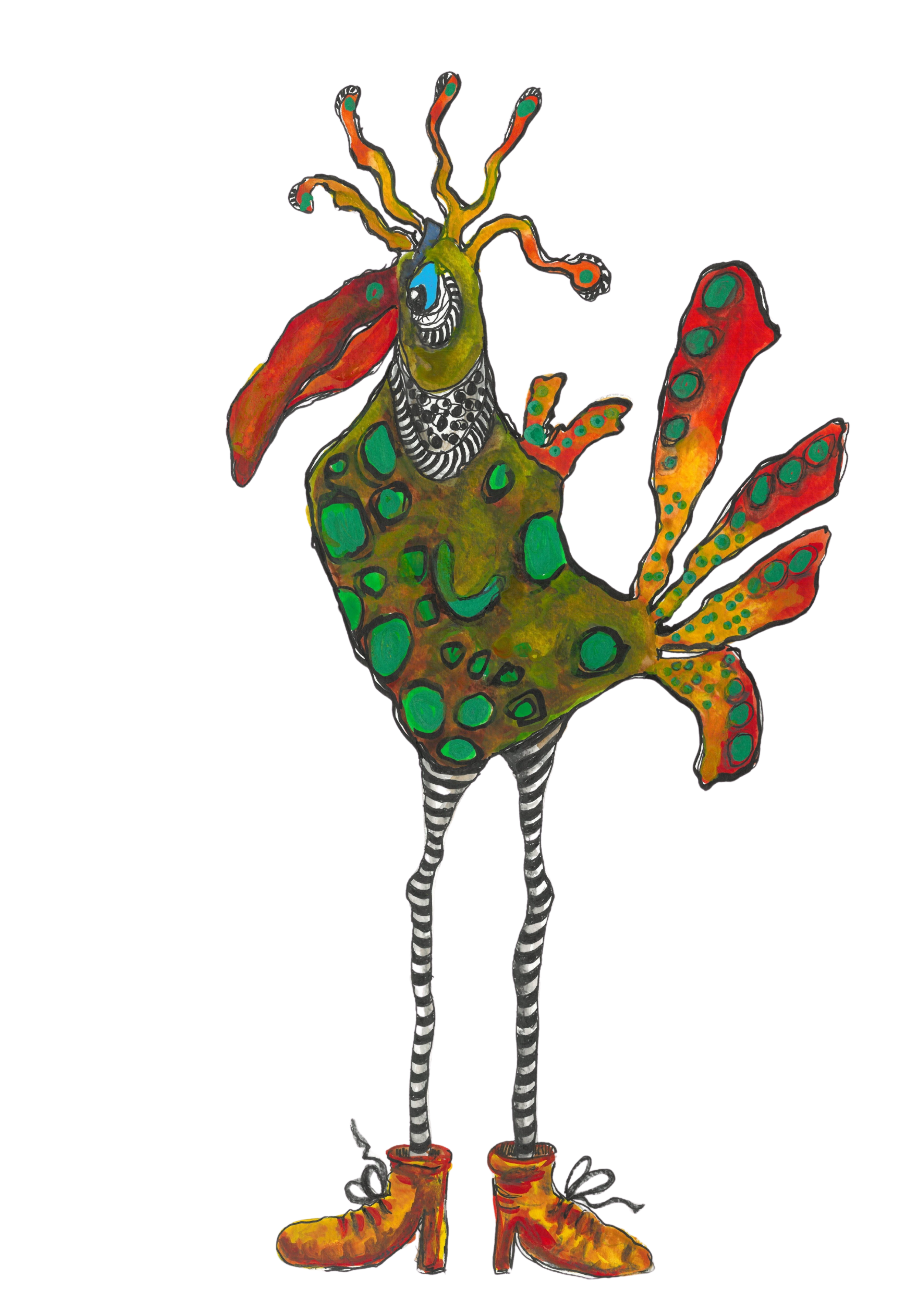 Original Kat House Art bird character with colourful patterned body, long striped legs and yellow shoes.