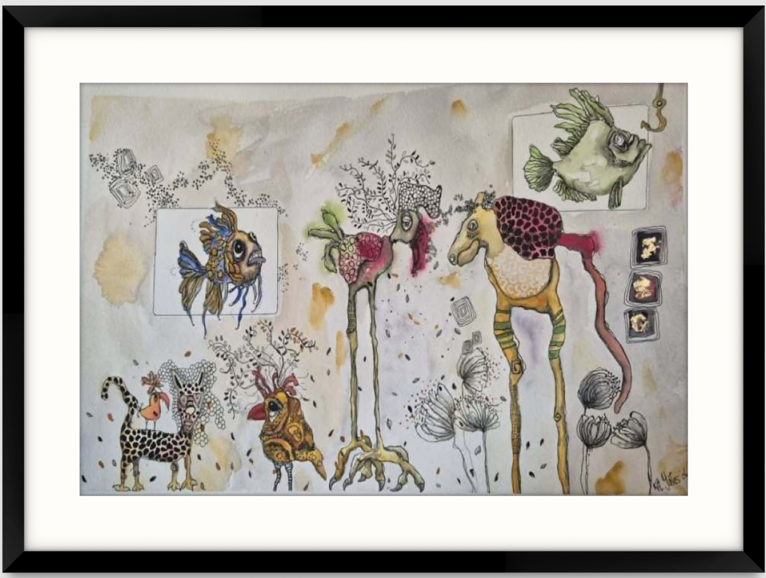 Ethereal Assembly, a framed original artwork by Kathryn Yates featuring an imaginative gathering of birds, fish and long-legged creatures.