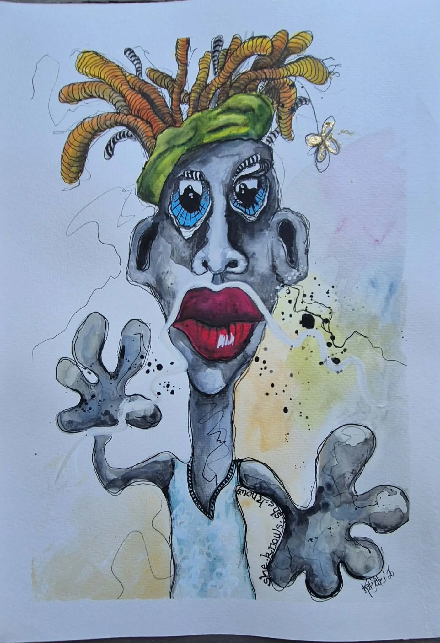 Fragility, an original mixed-media portrait by Kathryn Yates featuring an expressive face with vivid blue eyes, red lips and layered hand-drawn detail.