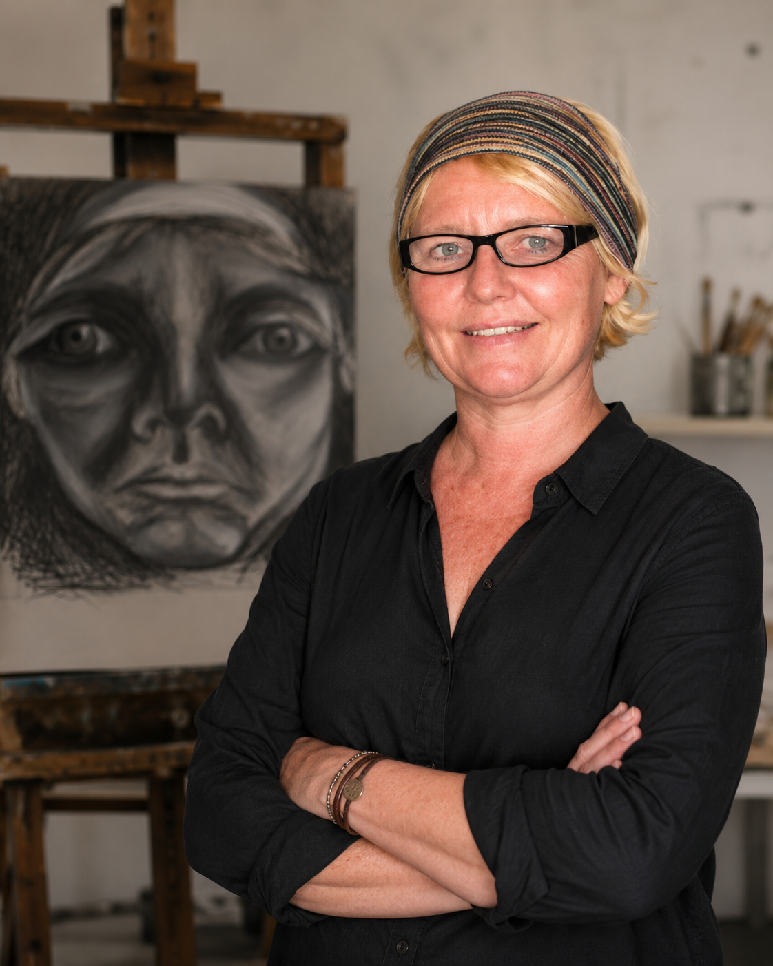 Australian artist Kathryn Yates in her studio beside one of her original charcoal drawings.