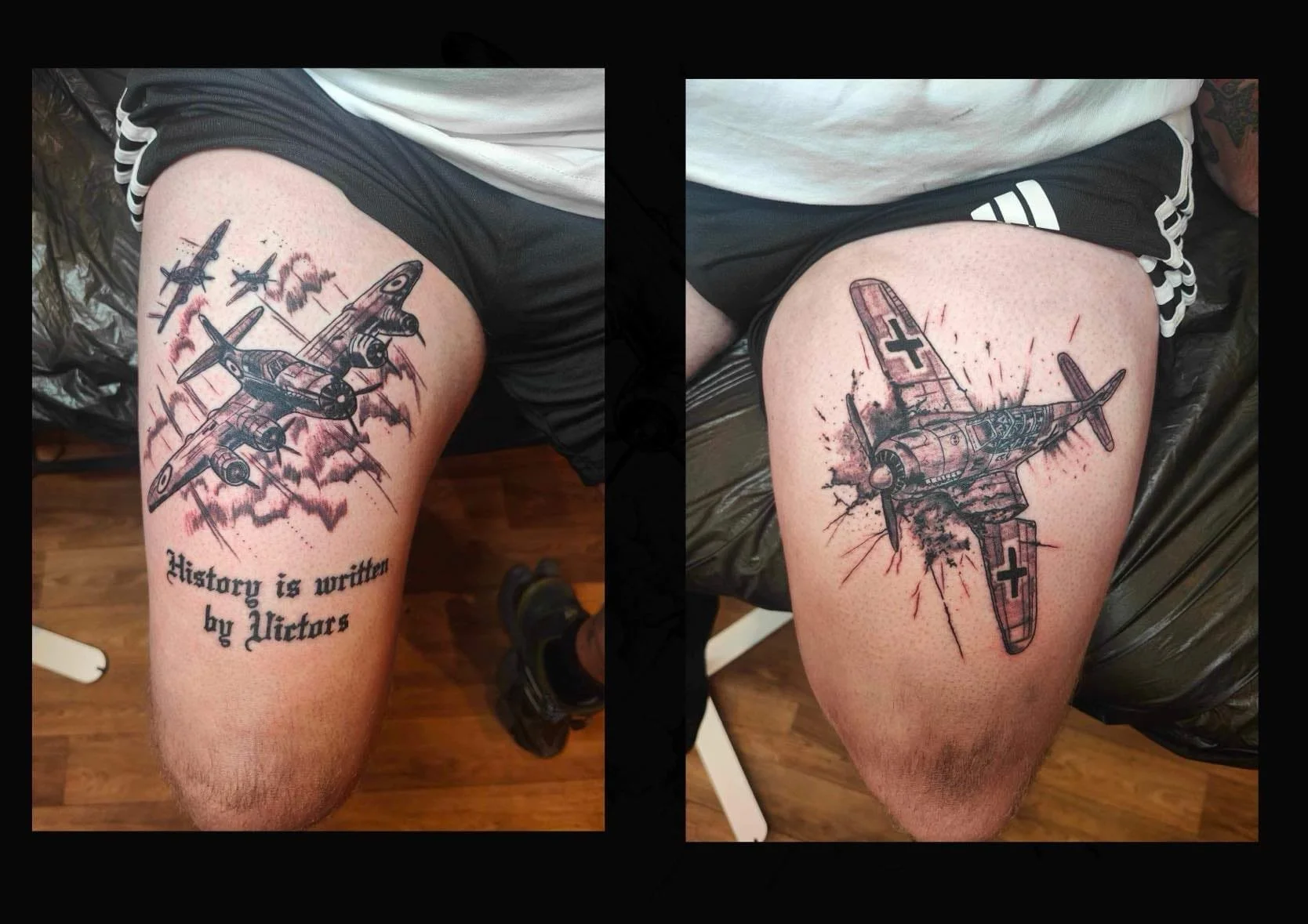 Tattoo of a vintage military plane with black ink splashes on the thigh. The left side shows the plane with the phrase 'History is written by Victors'. The right side features a damaged plane.