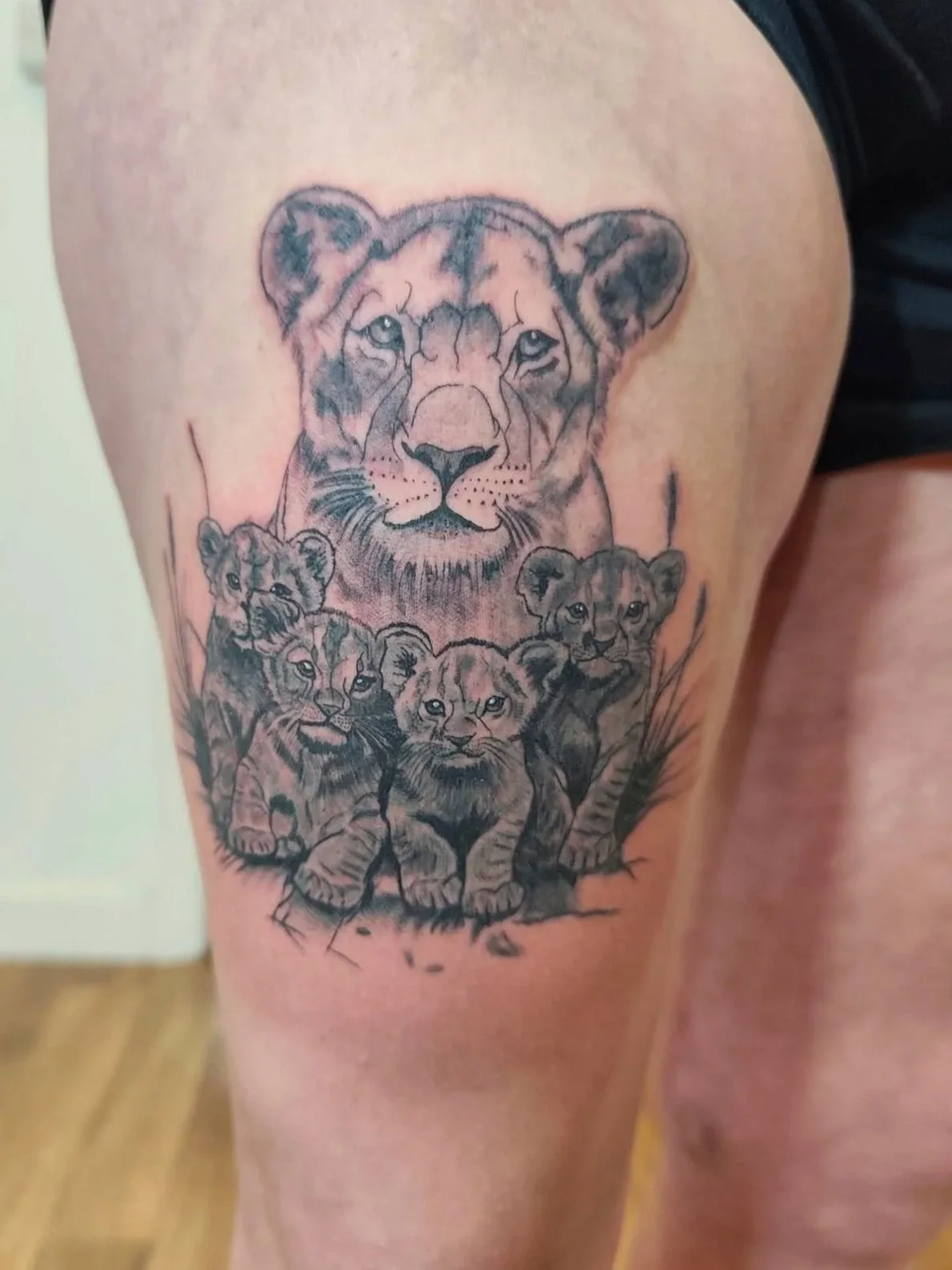 Tattoo of a lioness and four lion cubs on a person's thigh.