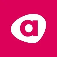 Pink background with a white lowercase 'a' inside a pink oval