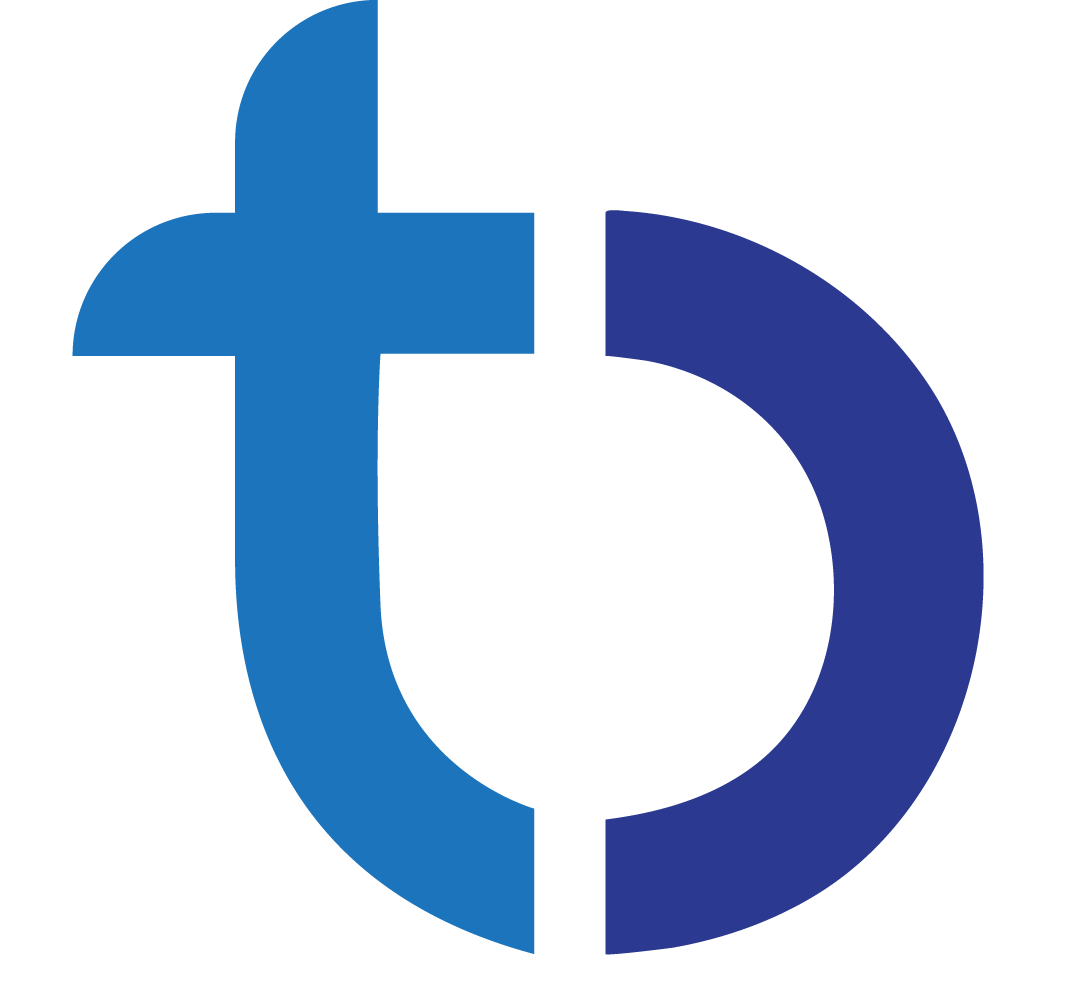 A logo combining a blue plus sign and a stylized letter 'd' in dark blue.