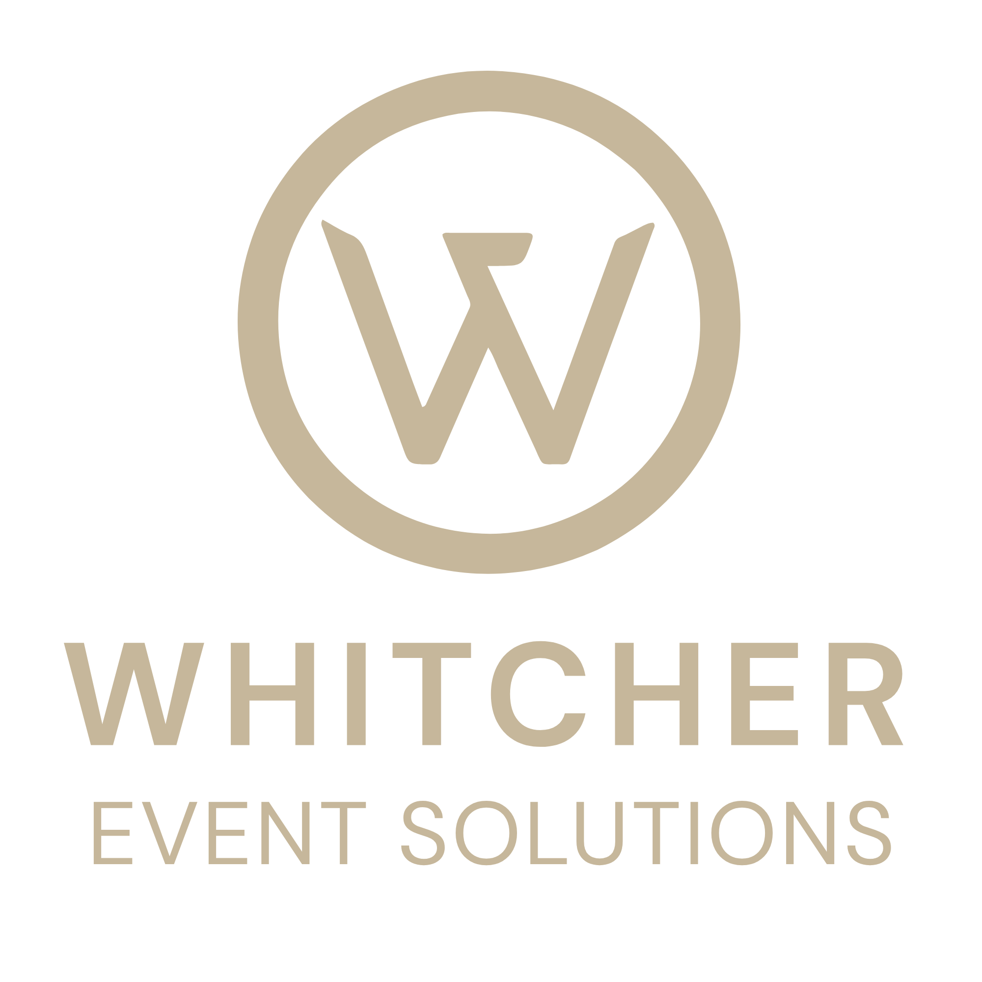 Logo for Whitercher Event Solutions featuring a beige circle around a letter 'W' inside a martini glass, with the company name 'Whitercher' and the tagline 'Event Solutions' below.