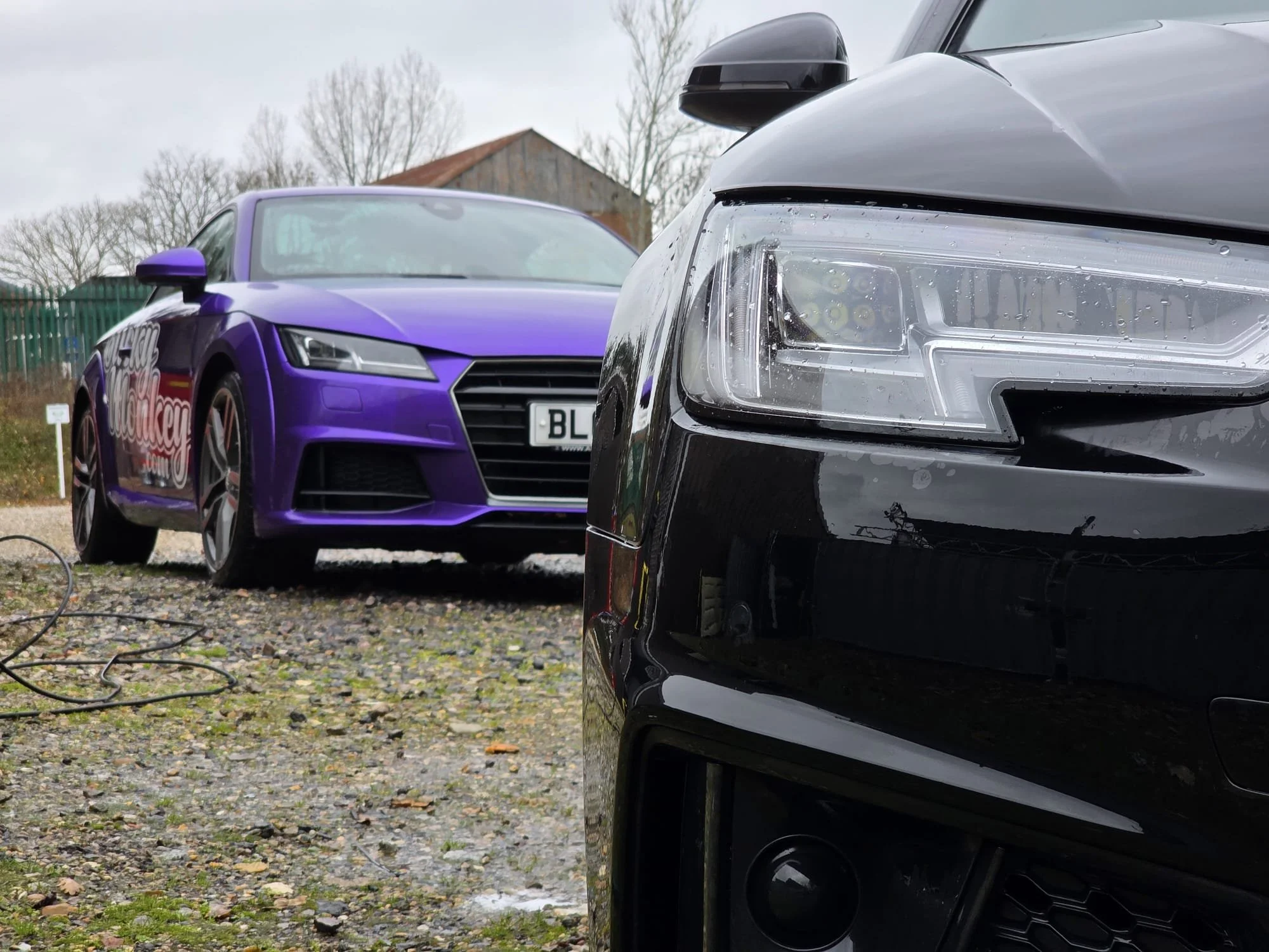Close-up of the front of a black car with rain droplets on the headlight, with a purple car in the background.