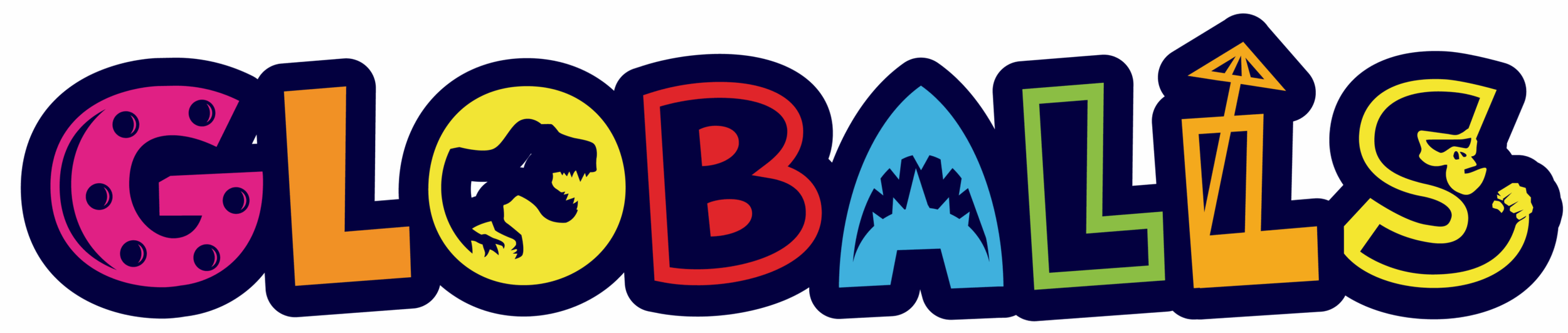 Colorful letters spelling 'LOBALLS' with images of a moon, a dinosaur, a shark, and a splash, on a dark background.