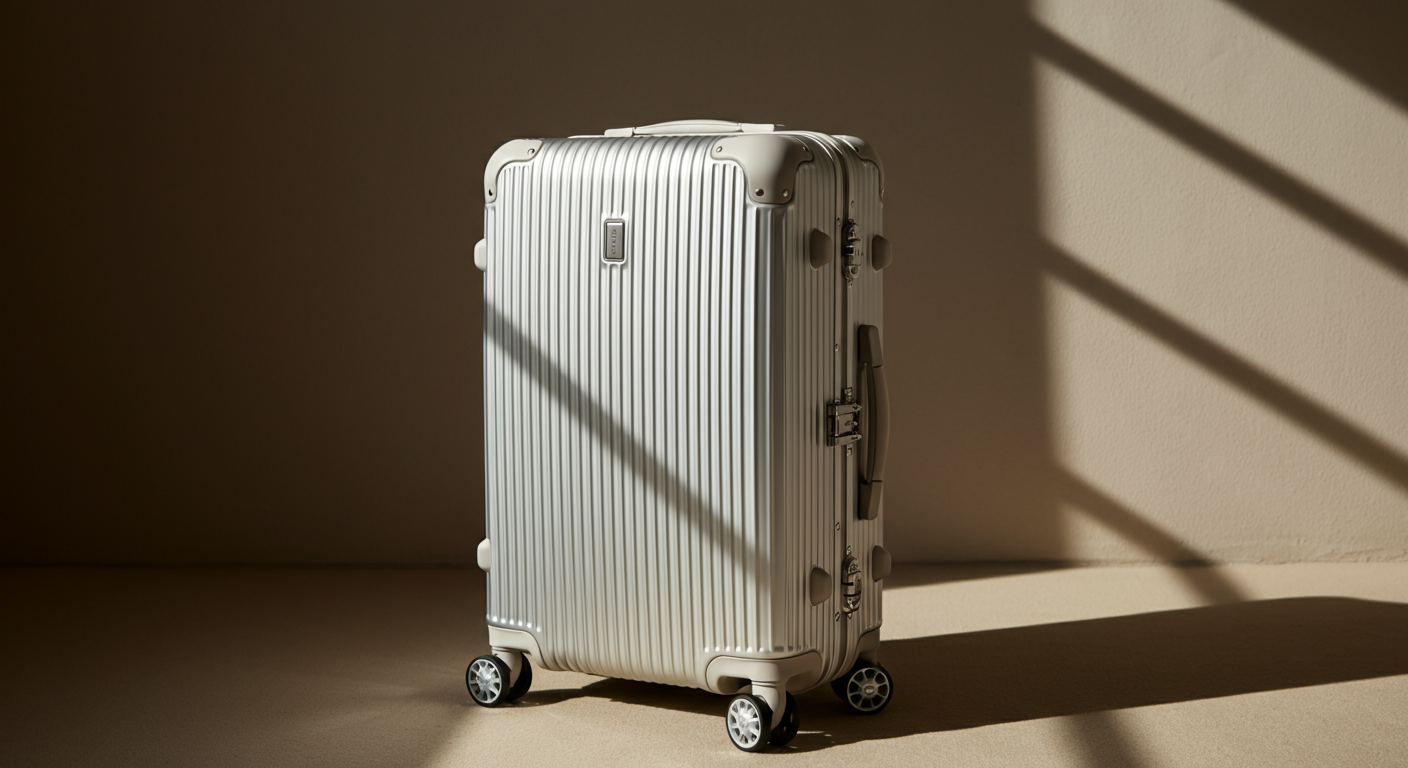 A silver hard-shell suitcase with four wheels, standing on a beige surface against a beige wall, with shadows cast by window blinds.