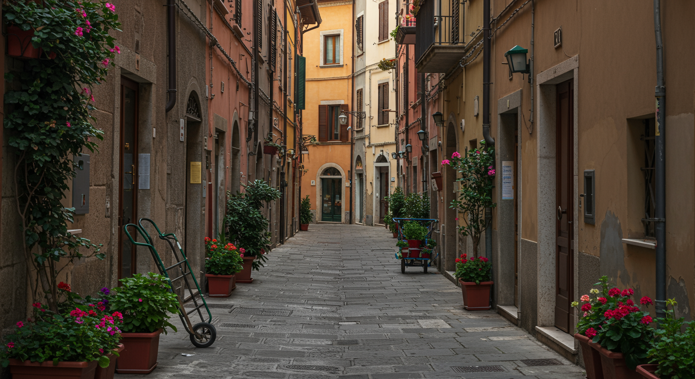 Narrow European street with colorful buildings, potted plants with flowers, and a hand truck against a wall.