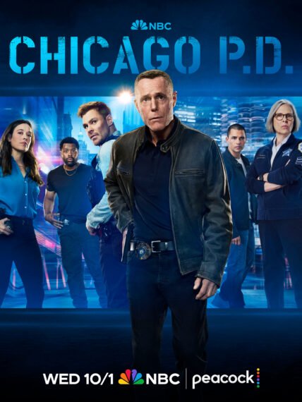 Promotional poster for NBC's Chicago P.D. showing a group of six police officers, led by a man in a leather jacket, with the Chicago cityscape in the background and the show's title at the top.