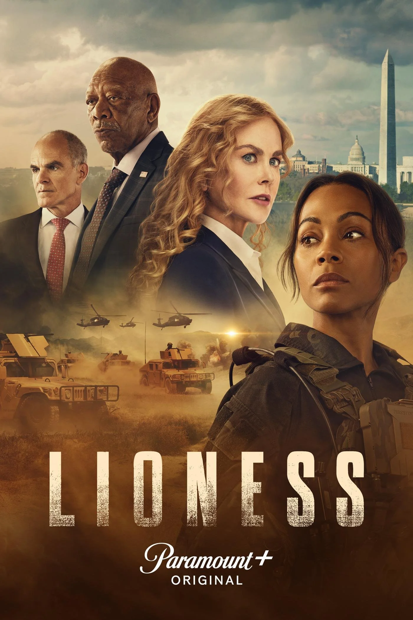 The poster features four characters overlooking military vehicles, helicopters, and the Washington, D.C. cityscape with the Capitol and Washington Monument in the background. The title 'LIONES' is at the bottom with the Paramount+ logo and the word 'ORIGINAL' below it.