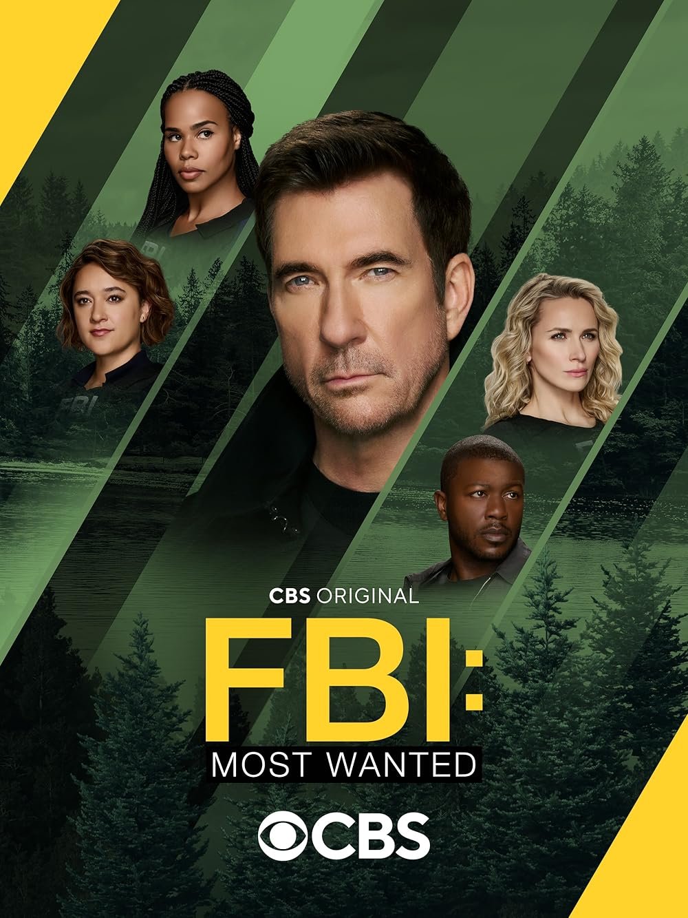 Promotional poster for CBS original series 'FBI: Most Wanted' featuring five cast members against a forest background with green diagonal stripes and a lake, with the CBS logo at the bottom.