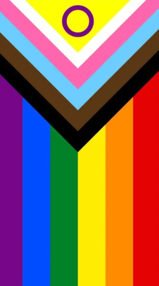 A colorful rainbow flag with a circle at the top, featuring triangular stripes in yellow, pink, light blue, brown, black, red, orange, yellow, green, blue, and purple.