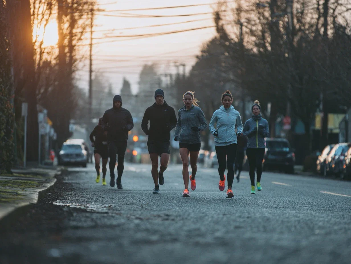 A group of six people running on a street during sunrise or sunset, wearing athletic clothing.