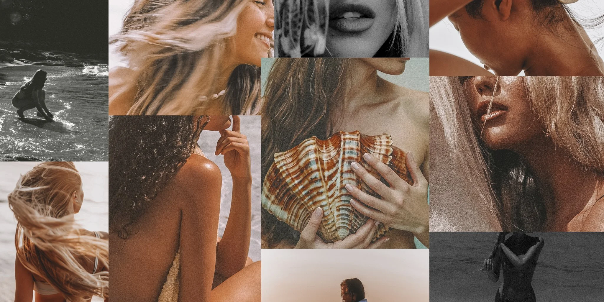 Collage of women at the beach and ocean, including close-ups of faces, hair, and hands, with one woman holding a large seashell and two women in the water. HONEYSUCC'L JO