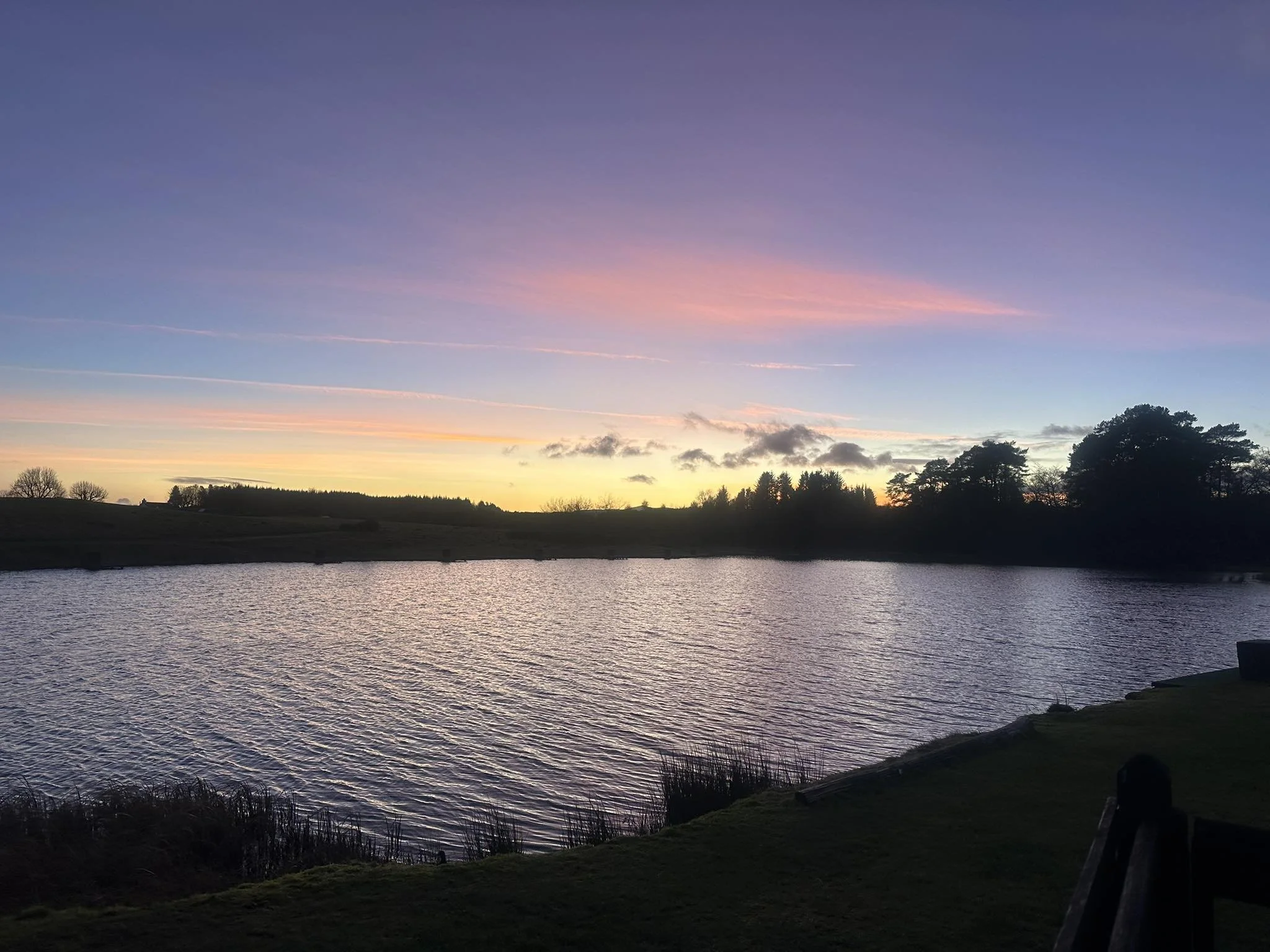 A tranquil lake at sunset with a sky painted in pastel shades of pink, purple, and blue, silhouetted trees along the horizon, and a grassy shoreline in the foreground.