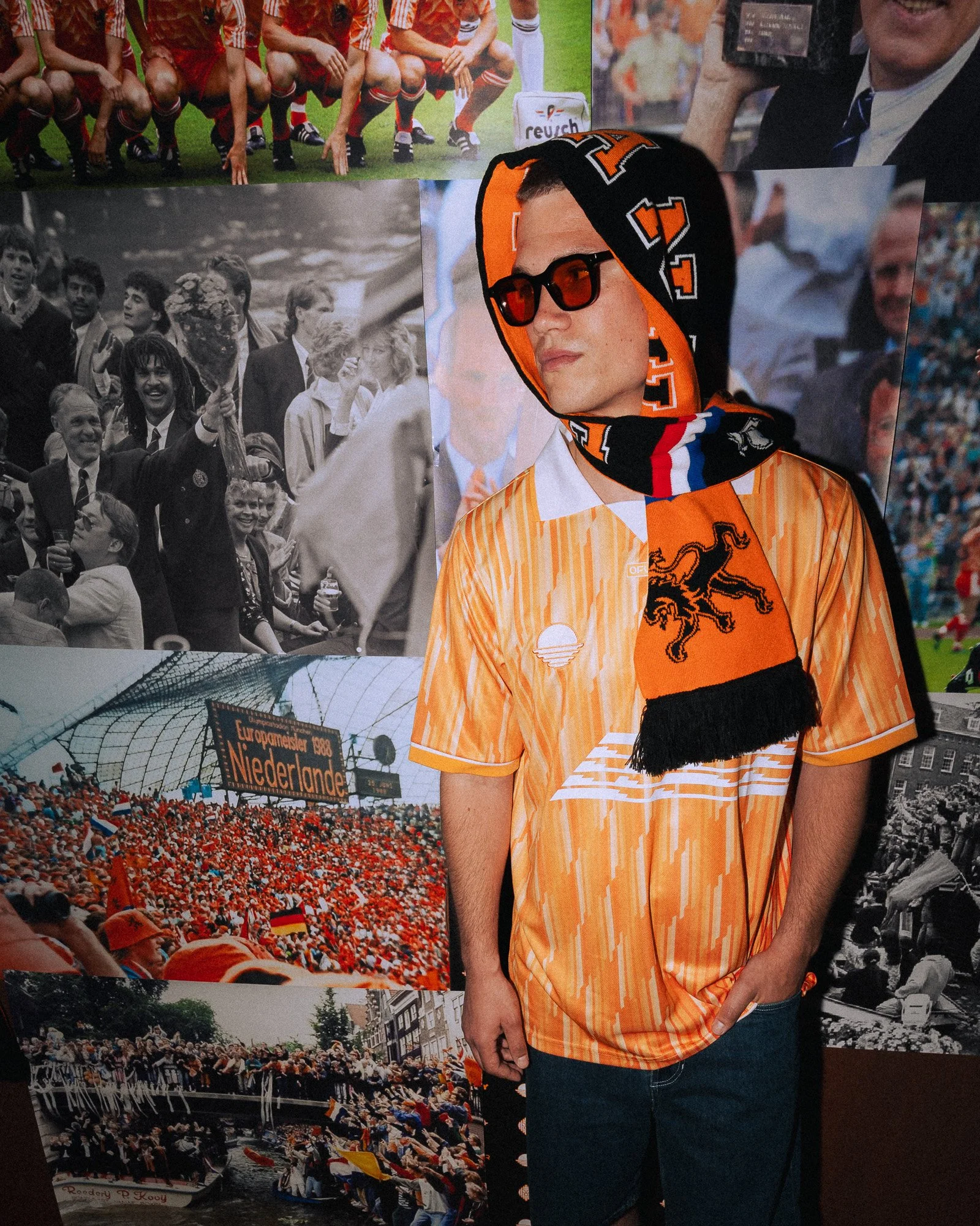 Fotocollage met sport- en beroemdheid beelden, inclusief een persoon met een oranje en zwarte sportoutfit en zonnebril in het midden.
