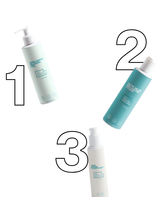Three skincare product bottles with pump dispensers, labeled as skin repair gel, acne relief toner, and refresh moisturizer