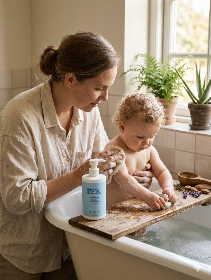A woman helping a young child take a bath in a bathtub, with soap and bath toys, near a window with plants.