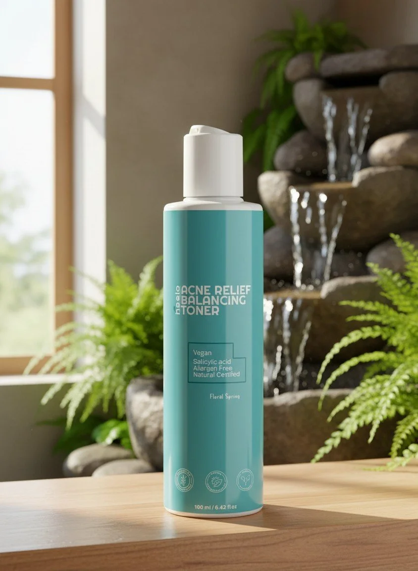 A blue bottle of Haelo Acne Relief Balancing Toner on a wooden surface with a indoor water fountain and green plants in the background.