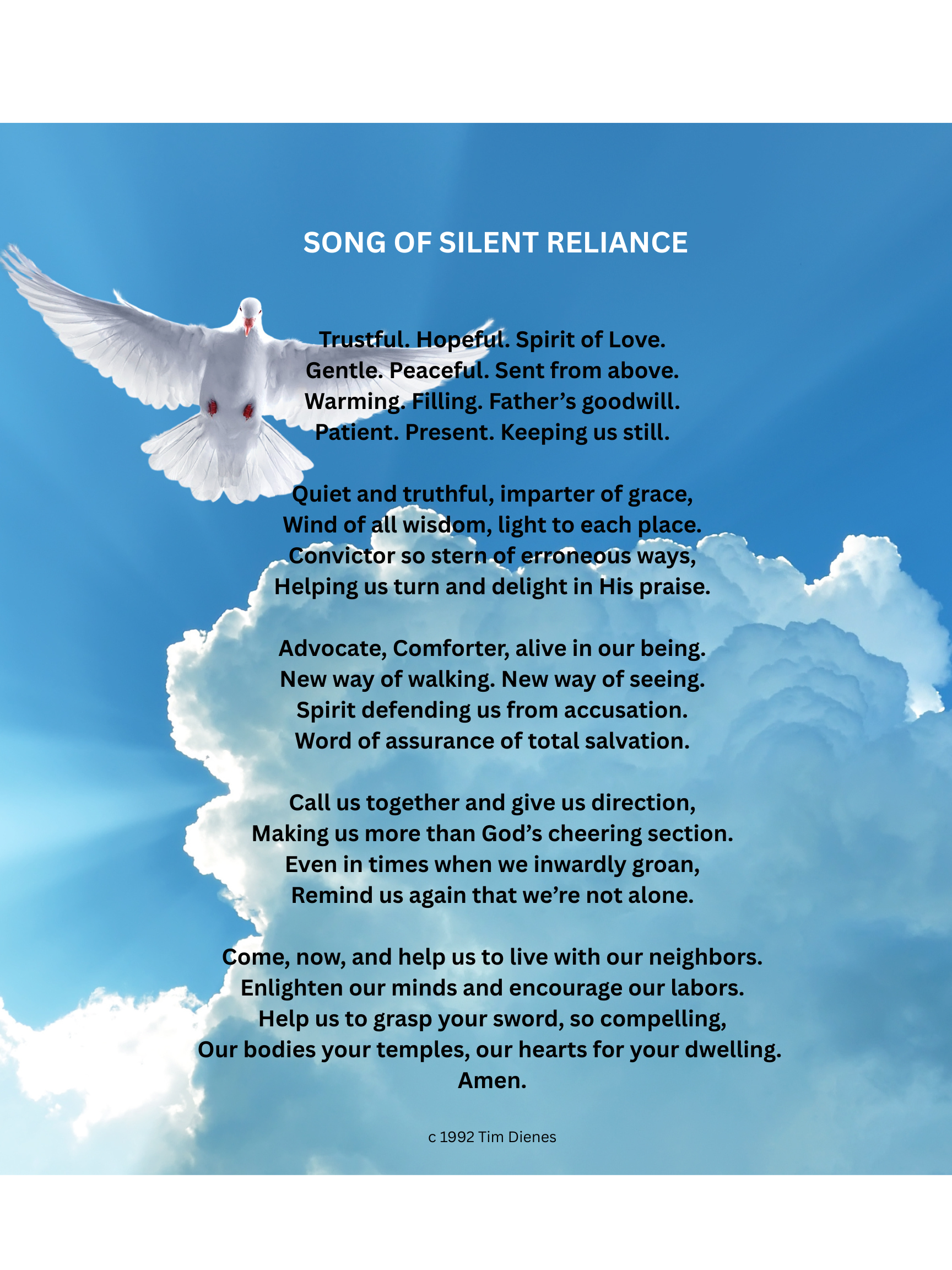 A dove flying against a blue sky with white clouds, overlaid with a religious poem text.