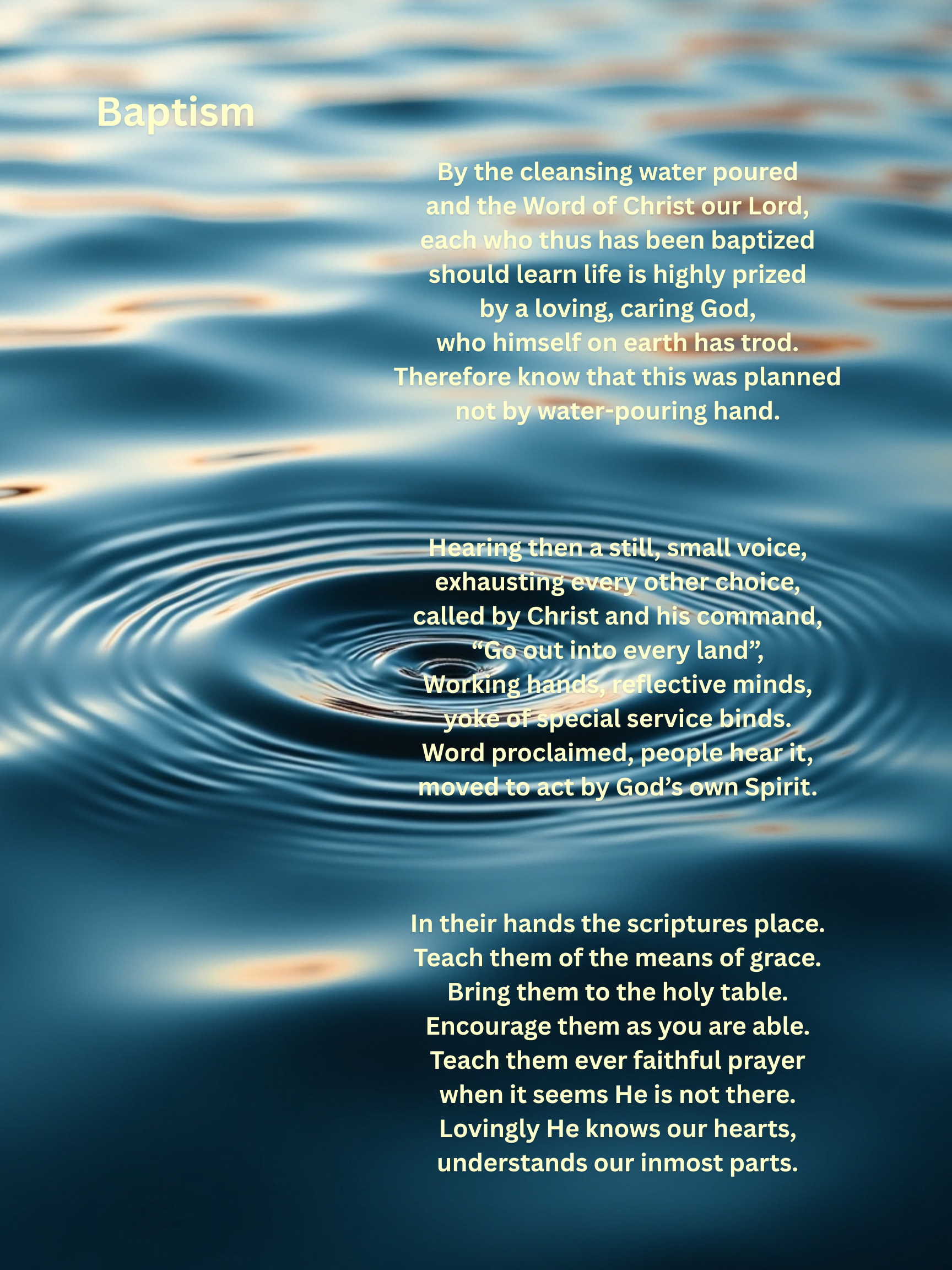Text overlay on a water background about baptism, scripture, and spiritual reflection.