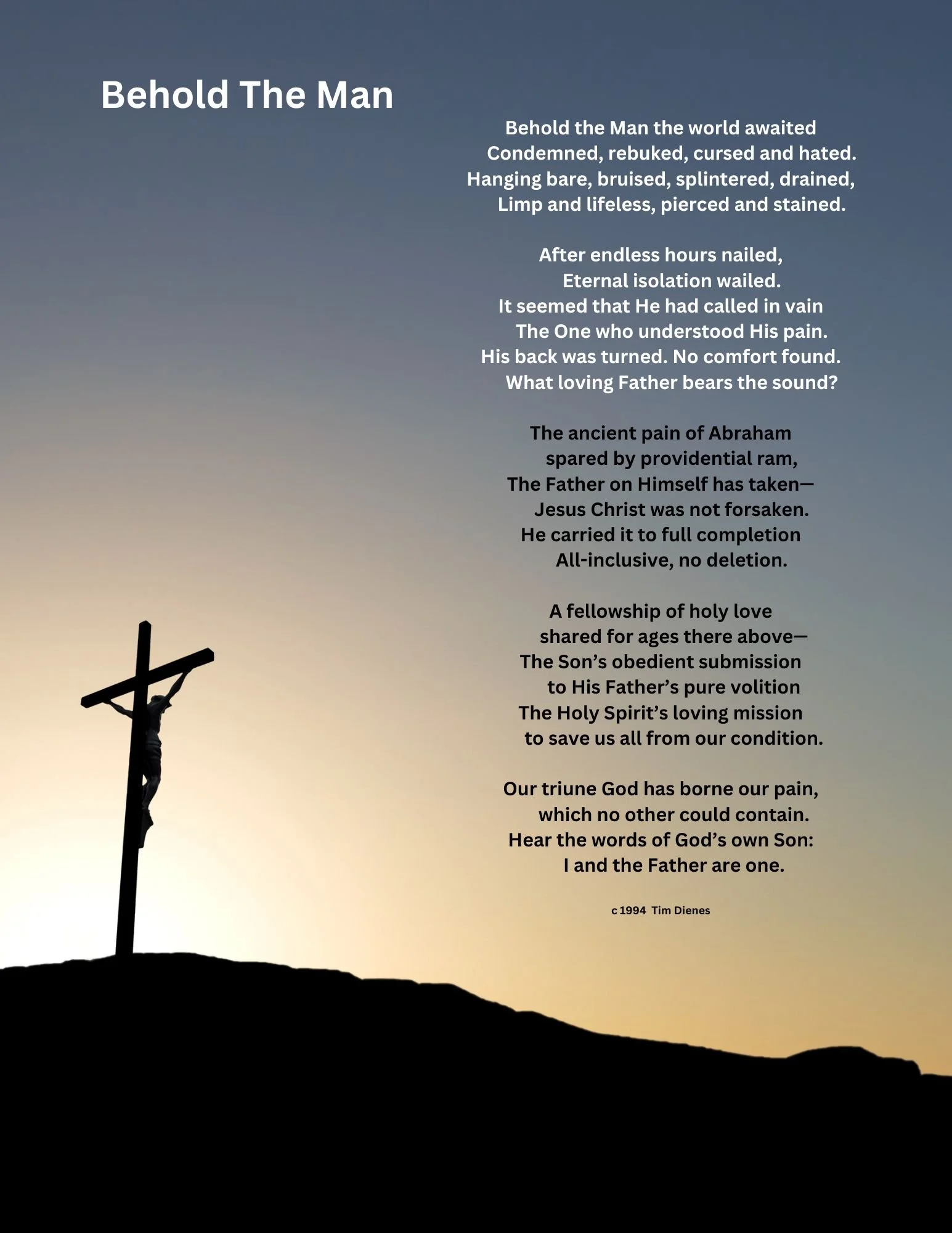 The image shows a silhouette of Jesus Christ on the cross against a sunset or sunrise sky with the text of a hymn or religious poem overlaying the sky. The text discusses Jesus' suffering, crucifixion, and the divine purpose behind it.