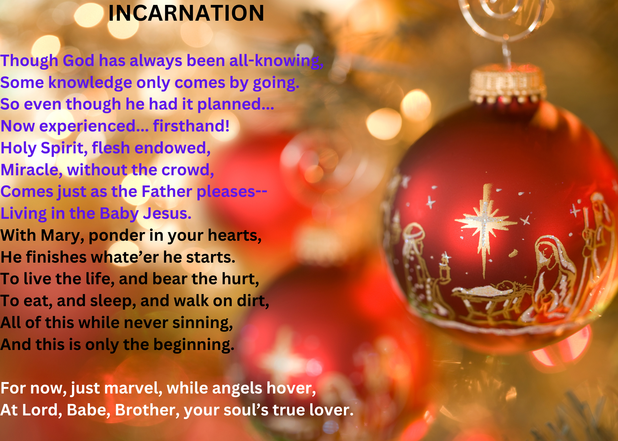 Close-up of a Christmas tree ornament with the message of the Incarnation, surrounded by warm, glowing lights.