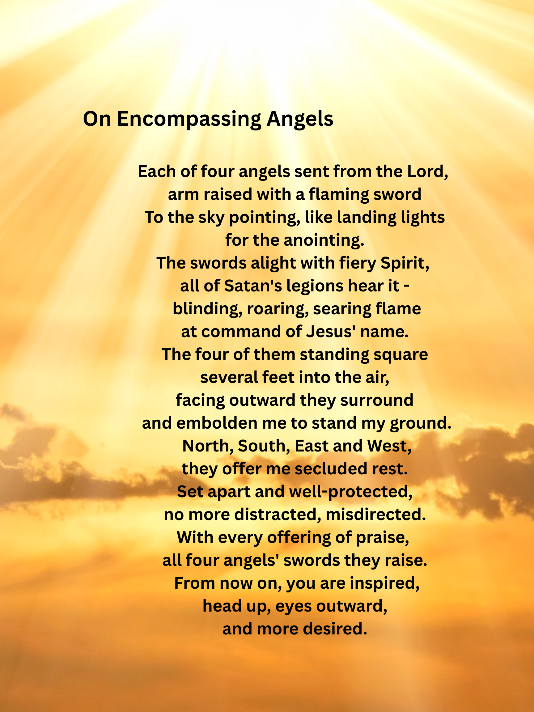 A prayer with a background of a bright, golden sunrise or sunset with rays of light shining through clouds, featuring text about angels and spiritual strength.
