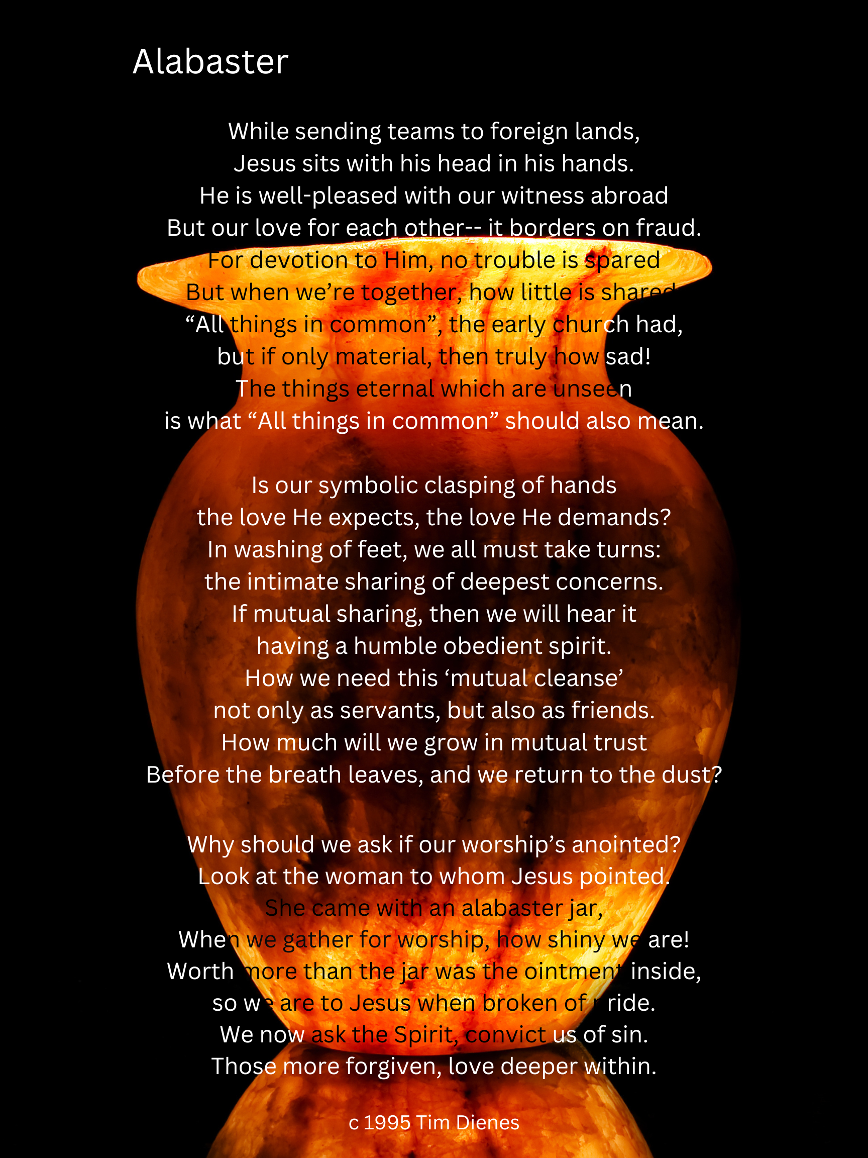 A poem titled 'Alabaster' written over a background image of an alabaster jar with a warm orange glow, showing the jar's shape and texture, against a black backdrop.