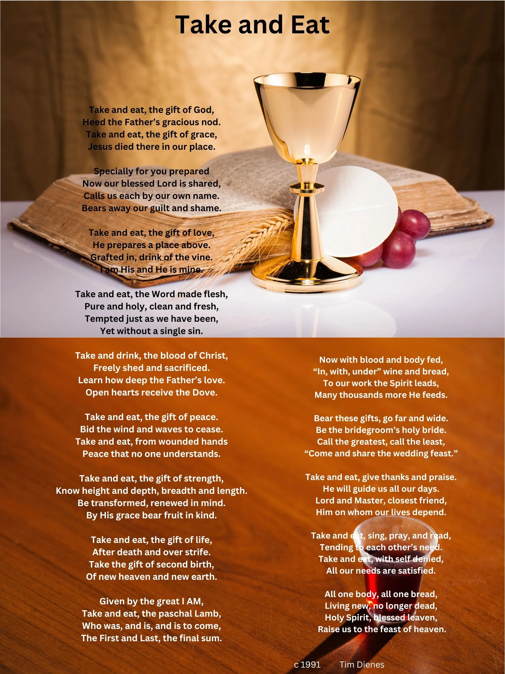 A religious prayer written on a page with a background featuring a chalice, an open Bible, grapes, and a host, with a lit red candle on the right side.