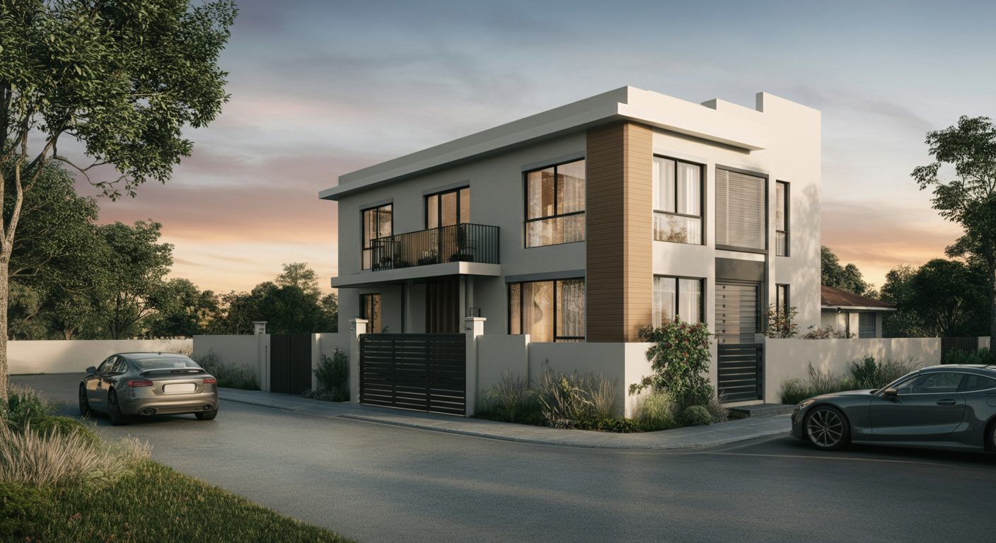 Modern two-story house with a white exterior, large windows, and a small balcony, surrounded by a white fence, with two gray cars parked outside during sunset.